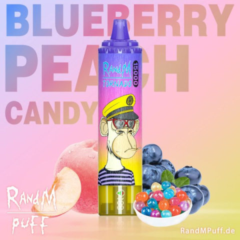 RandM Tornado Jednorazowy e-papieros 15000 Buchów o smaku BLUEBERRY PEACH CANDY 25 ml