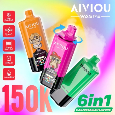 Jednorazowy E-papieros WASPE AIVIOU 6-in-1 150 000 Fizzy Cola Ice & Energy Drink & Cherry Ice